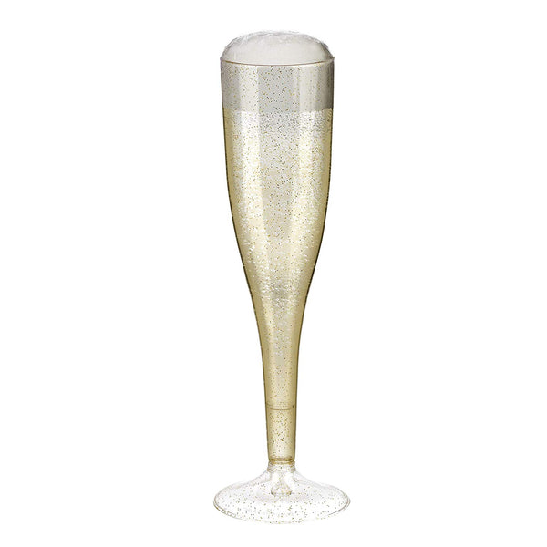 Plastic Champagne Glasses with Gold Glitter, 50-Pack Disposable or Reusable Large Champagne Flutes, 7 oz