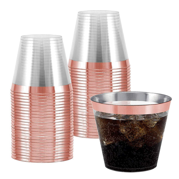 100 Rose Gold Rimmed Clear Hard Plastic Cups | 9 oz. Fancy Disposable Tumblers (100-Pack) by Bloomingoods