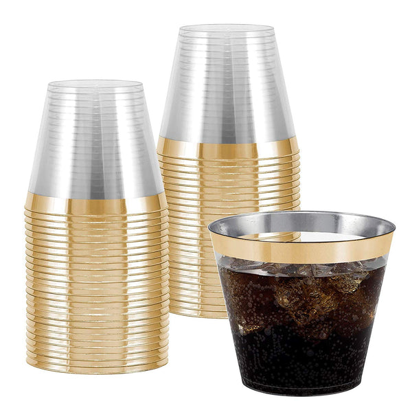 100 Gold Rimmed Clear Hard Plastic Cups | 9 oz. Fancy Disposable Tumblers (100-Pack) by Bloomingoods