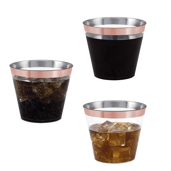 100 Rose Gold Rimmed Clear Hard Plastic Cups | 9 oz. Fancy Disposable Tumblers (100-Pack) by Bloomingoods