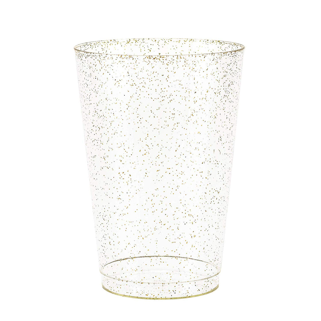 50 Gold Glitter Clear Hard Plastic Cups | 14 oz. Fancy Disposable Wedding Tumblers for Party & Wedding (50-Pack)