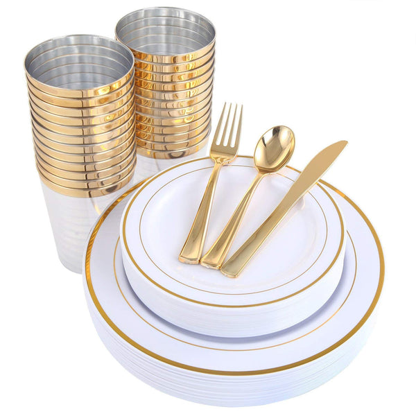 25 Guest Disposable Gold Dinnerware Set | Heavy Duty Plastic Plates, Cups & Silverware. | 50 Forks, 25 Spoons, 25 Knives, 25 Dinner Plates, 25 Dessert Plates & 25 Cups (175 pieces) Gold