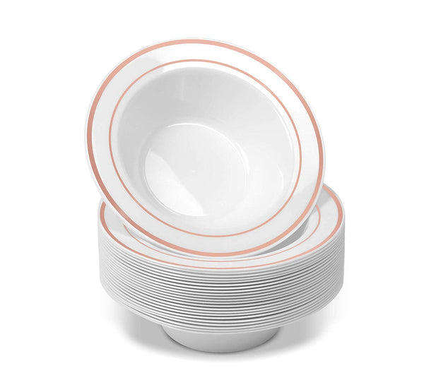 Disposable White Rose Gold Rimmed Plastic Dessert Bowls | SMALL 6 oz. Premium Heavy Duty Disposable Dinnerware with Real China Design | Safe & Reusable and Great for Parties (50-Pack) by Bloomingoods