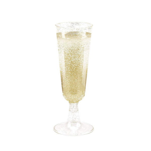 50 Gold Glitter Plastic Champagne Flutes | 5.5 oz. Clear Hard Disposable Party Cups | Premium Heavy Duty Fancy Champagne Flute or Toasting Glasses (50-Pack) by Bloomingoods