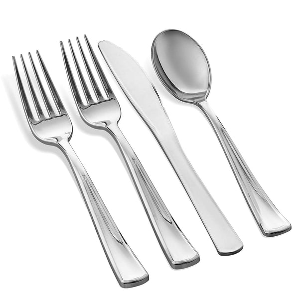 25 Guest Disposable Silver Dinnerware Set | Heavy Duty Plastic Plates, Cups, Silverware & Napkins. 50 Forks, 25 Spoons, 25 Knives, 25 Dinner Plates, 25 Dessert Plates & 25 Cups | Bonus 50 Guest Towels