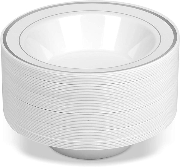 BloominGoods - Disposable Plastic plates, White with SILVER Rim - 14-Ounce Soupe Bowls (100-pack)