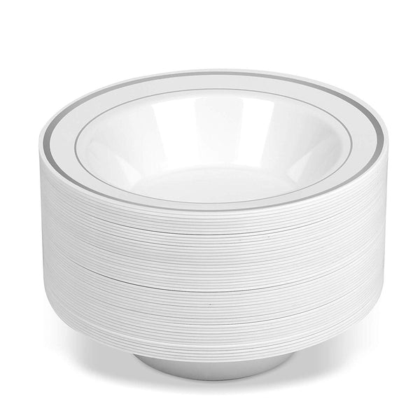 50 Disposable White Silver Rimmed Plastic Soup Bowls | 14 oz. Premium Heavy Duty Disposable Dinnerware with Real China Design | Safe & Reusable (50-Pack White/Silver Trim) by Bloomingoods