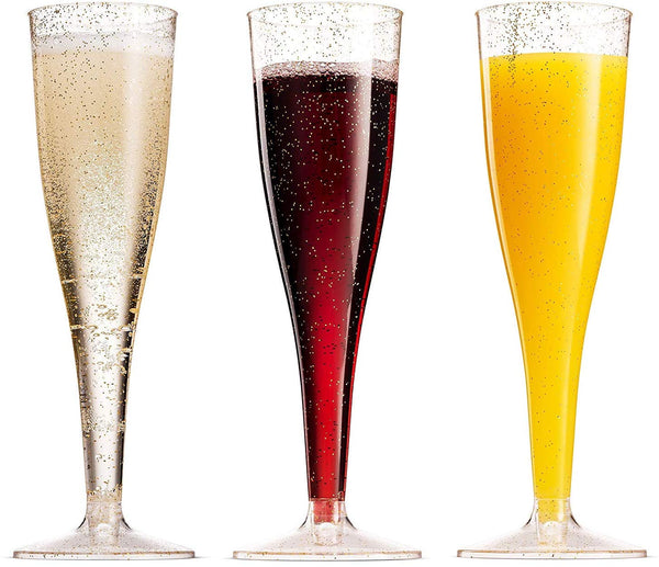 Plastic Champagne Glasses with Gold Glitter, 100-Pack Disposable or Reusable Large Champagne Flutes, 7 oz