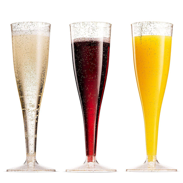 Plastic Champagne Glasses with Gold Glitter, 50-Pack Disposable or Reusable Large Champagne Flutes, 7 oz