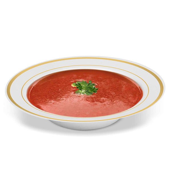 50 Disposable White Gold Trim Plastic Soup Bowls | 14 oz. Premium Heavy Duty Disposable Dinnerware with Real China Design | Safe & Reusable and Great for Parties or Weddings. (50-Pack) Gold