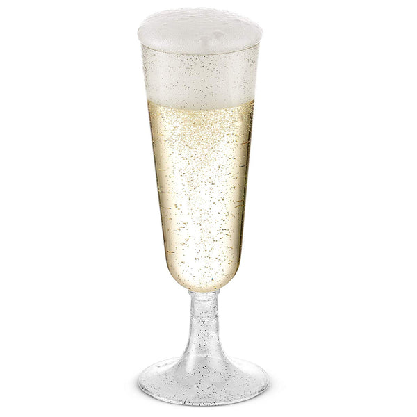 50 Plastic Silver Glittered Champagne Flutes | 5.5 oz. Clear Hard Disposable Party & Wedding Cups | Premium Heavy Duty Fancy Champagne Flute or Toasting Glasses (50-Pack) Silver Sparkled