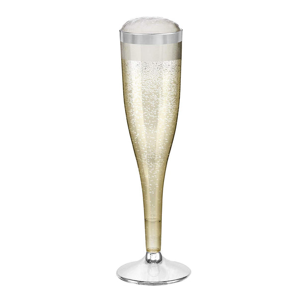 Plastic Champagne Glasses with Silver Rim, 50-Pack Disposable or Reusable Wine Glasses, 7 oz