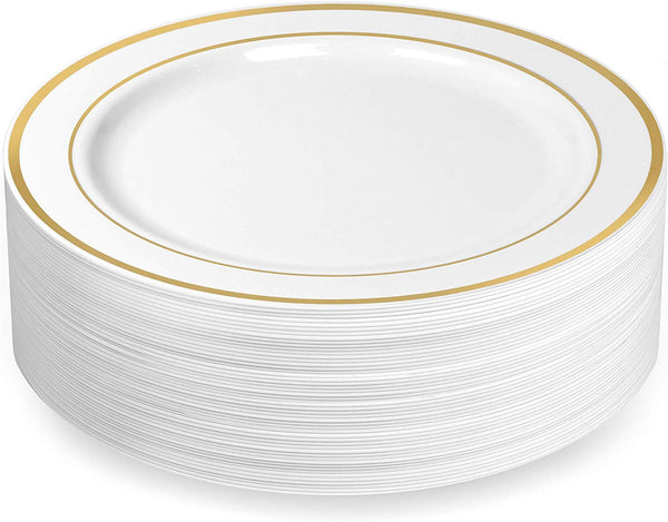 BloominGoods - Disposable Plastic plates, White with GOLD Rim - 10.25" Dinner Plates (100-pack)