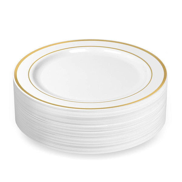 50 Plastic Disposable Dinner Plates | 10.25 inches White with Gold Rim Real China Look | Ideal for Weddings, Parties, Catering | Heavy Duty & Non Toxic (50-Pack) by BloominGoods