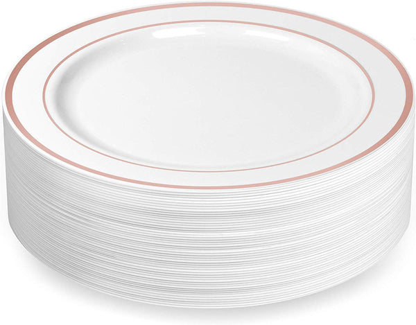 BloominGoods - Disposable Plastic plates, White with ROSE GOLD Rim - 10.25" Dinner Plates (100-pack)