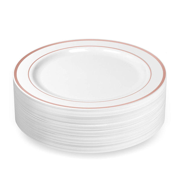 50 Large Plastic Disposable Dinner Plates | 10.25 inches White with Rose Gold Rim Real China Look | Ideal for Weddings, Parties, Catering – Heavy Duty & Non-Toxic (50-Pack) by BloominGoods