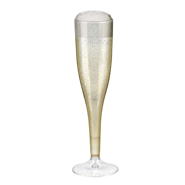 Plastic Champagne Glasses with Silver Glitter, 50-Pack Disposable or Reusable Large Champagne Flutes, 7 oz