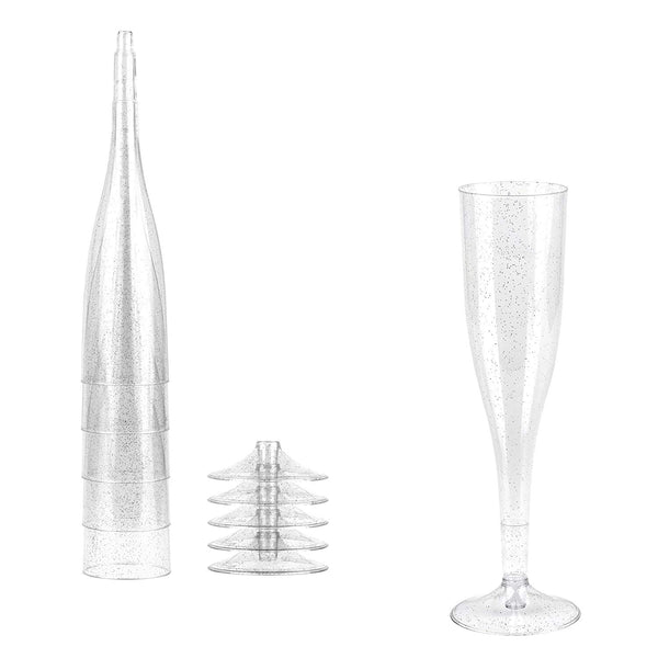 Plastic Champagne Glasses with Silver Glitter, 50-Pack Disposable or Reusable Large Champagne Flutes, 7 oz