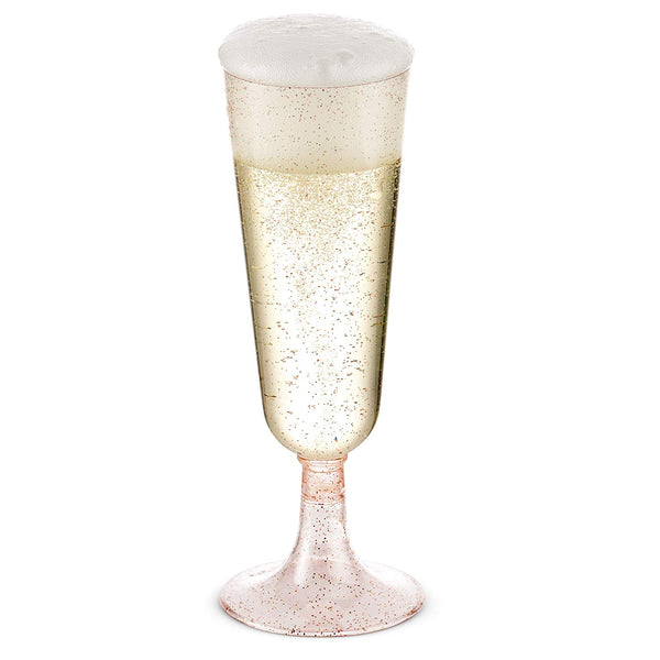 50 Plastic Rose Gold Glittered Champagne Flutes | 5.5 oz. Clear Hard Disposable Party & Wedding Cups | Premium Heavy Duty Fancy Toasting Glasses (50-Pack) Rose Gold Glitter by Bloomingoods