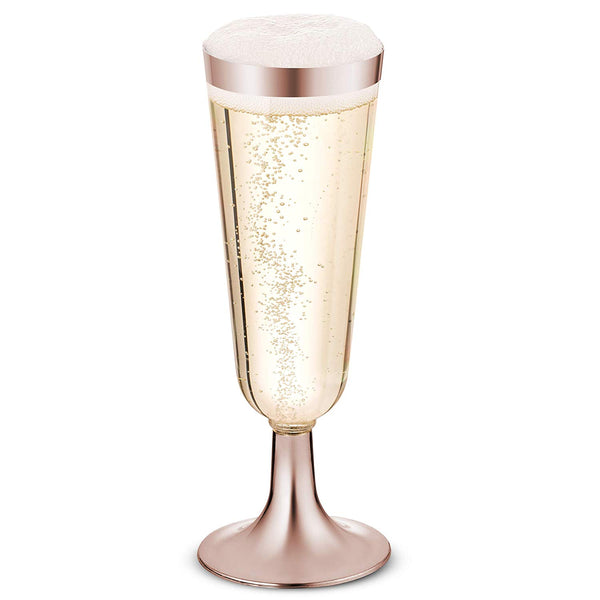 50 Plastic Rose Gold Rimmed Champagne Flutes | 5.5 oz. Clear Hard Disposable Party & Wedding Cups | Premium Heavy Duty Fancy Champagne Flute or Toasting Glasses (50-Pack) Gold Rim by Bloomingoods