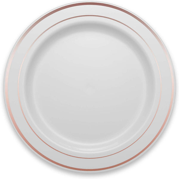 BloominGoods - Disposable Plastic plates, White with ROSE GOLD Rim - 10.25" Dinner Plates (100-pack)
