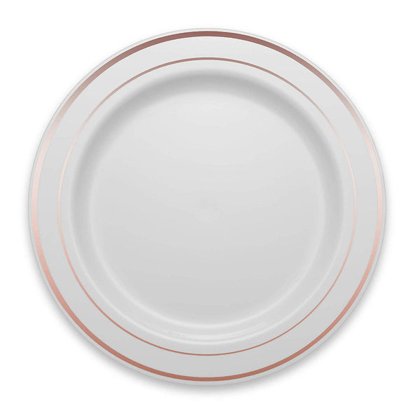 BloominGoods - Disposable Plastic plates, White with ROSE GOLD Rim - 7.5" Dessert Plate (100-pack)