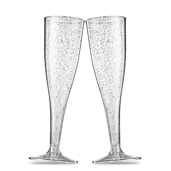 Plastic Champagne Glasses with Silver Glitter, 50-Pack Disposable or Reusable Large Champagne Flutes, 7 oz