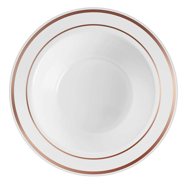 Disposable White Rose Gold Rimmed Plastic Dessert Bowls | SMALL 6 oz. Premium Heavy Duty Disposable Dinnerware with Real China Design | Safe & Reusable and Great for Parties (50-Pack) by Bloomingoods