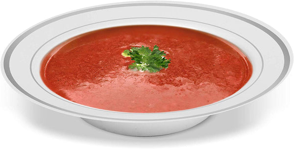 BloominGoods - Disposable Plastic plates, White with SILVER Rim - 14-Ounce Soupe Bowls (100-pack)