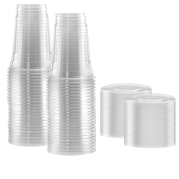 100 Smoothie Cups with Flat Lids | 20 oz. Disposable Plastic Tumblers for Iced Coffee, Boba Tea, Cold Juices, and To Go Drinks by BloominGoods