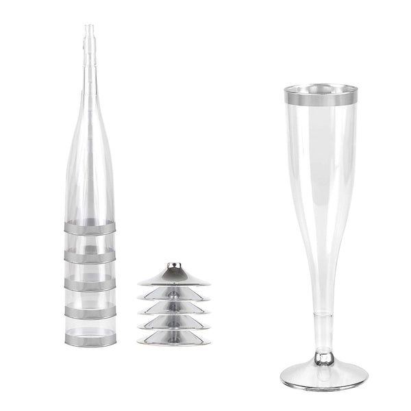 Plastic Champagne Glasses with Silver Rim, 50-Pack Disposable or Reusable Wine Glasses, 7 oz