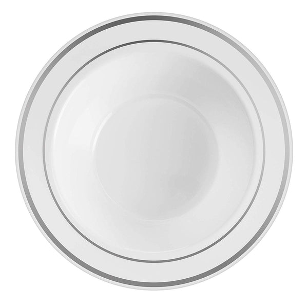 BloominGoods - Disposable Plastic plates, White with SILVER Rim - 6-Ounce Dessert Bowls (100-pack)