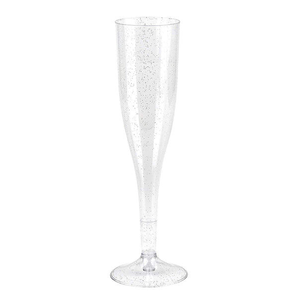 Plastic Champagne Glasses with Silver Glitter, 50-Pack Disposable or Reusable Large Champagne Flutes, 7 oz