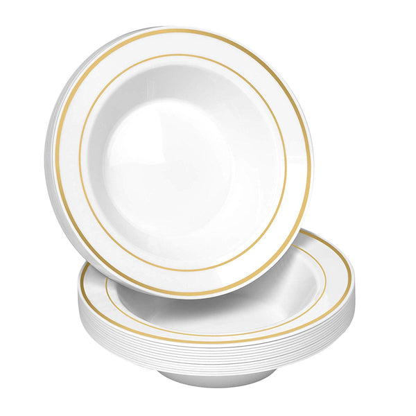 50 Disposable White Gold Trim Plastic Soup Bowls | 14 oz. Premium Heavy Duty Disposable Dinnerware with Real China Design | Safe & Reusable and Great for Parties or Weddings. (50-Pack) Gold
