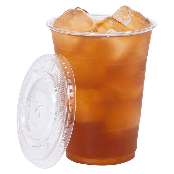 100 Smoothie Cups with Flat Lids | 16 oz. Disposable Plastic Tumblers for Iced Coffee, Boba Tea, Cold Juices, and To Go Drinks by BloominGoods