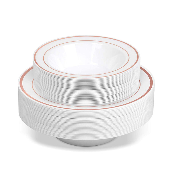 50 Disposable White Rose Gold Rimmed Heavy Duty Plastic Bowls | 25 14 oz. Soup Bowls and 25 6 oz. Dessert/Appetizer Bowls | Premium Combo Disposable Dinnerware Set | Great for Parties