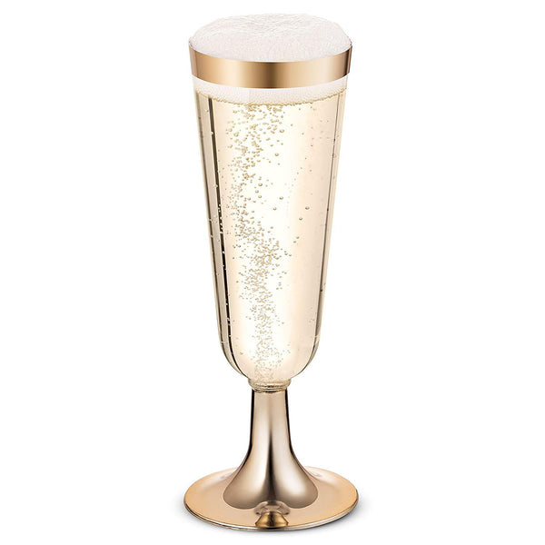 50 Plastic Gold Rimmed Champagne Flutes | 5.5 oz. Clear Hard Disposable Party & Wedding Glass | Premium Heavy Duty Fancy Cup (50-Pack) by BloominGoods