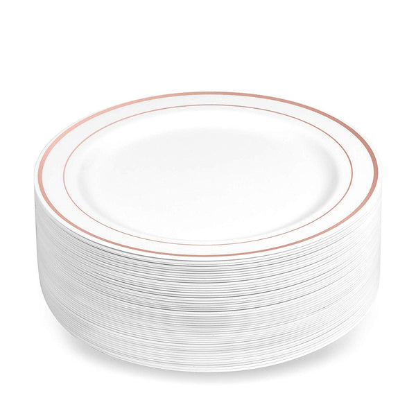 50 Plastic Disposable Dessert/Appetizer Plates | 7.5 inches White with Rose Gold Rim Real China Look | Ideal for Weddings, Parties, Catering | Heavy Duty & Non Toxic (50-Pack) by BloominGoods