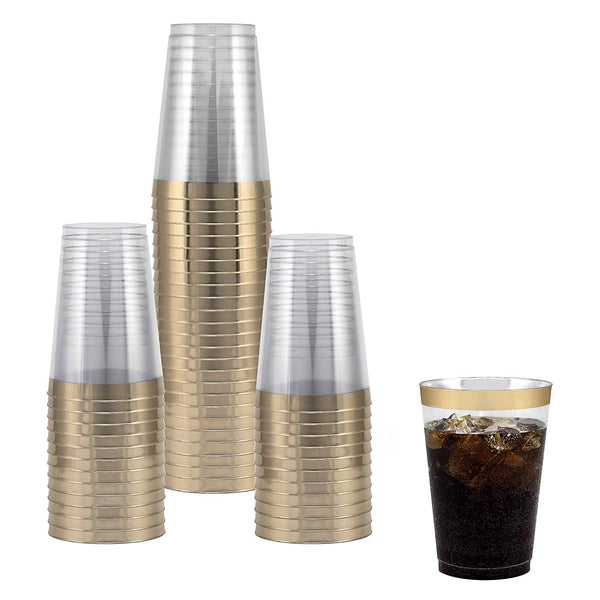 25 Guest Disposable Gold Dinnerware Set | Heavy Duty Plastic Plates, Cups & Silverware. | 50 Forks, 25 Spoons, 25 Knives, 25 Dinner Plates, 25 Dessert Plates & 25 Cups (175 pieces) Gold