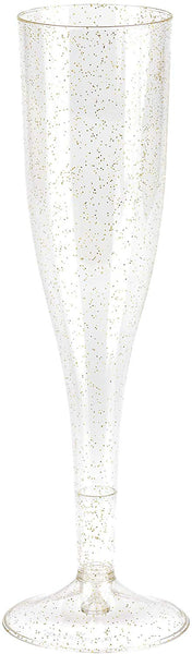 Plastic Champagne Glasses with Gold Glitter, 100-Pack Disposable or Reusable Large Champagne Flutes, 7 oz