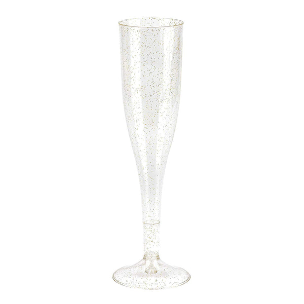 Plastic Champagne Glasses with Gold Glitter, 50-Pack Disposable or Reusable Large Champagne Flutes, 7 oz