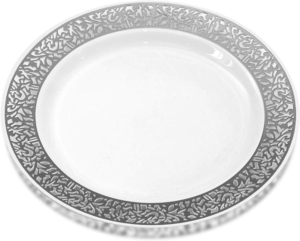 BloominGoods - Disposable Plastic plates, White with SILVER LACE - 7.5" Dessert Plate (50-pack)