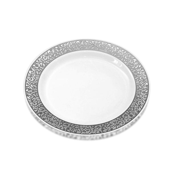 BloominGoods - Disposable Plastic plates, White with SILVER LACE - 10.25" Dinner Plates (50-pack)