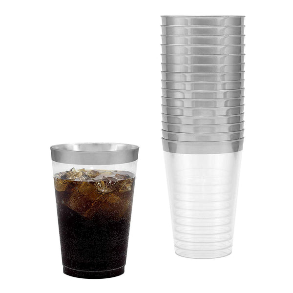 50 Silver Rimmed Clear Hard Plastic Cups | 12 oz. Fancy Disposable Tumblers for Party & Wedding (50-Pack) by Bloomingoods