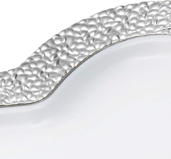 BloominGoods - Disposable Plastic Plates, White with SILVER HAMMERED - 8" HEART Dessert Plate (50-Pack)