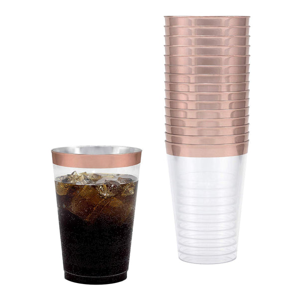 50 Rose Gold Rimmed Clear Hard Plastic Cups | 10 oz. Fancy Disposable Wedding Tumblers for Party & Wedding (50-Pack) by Bloomingoods