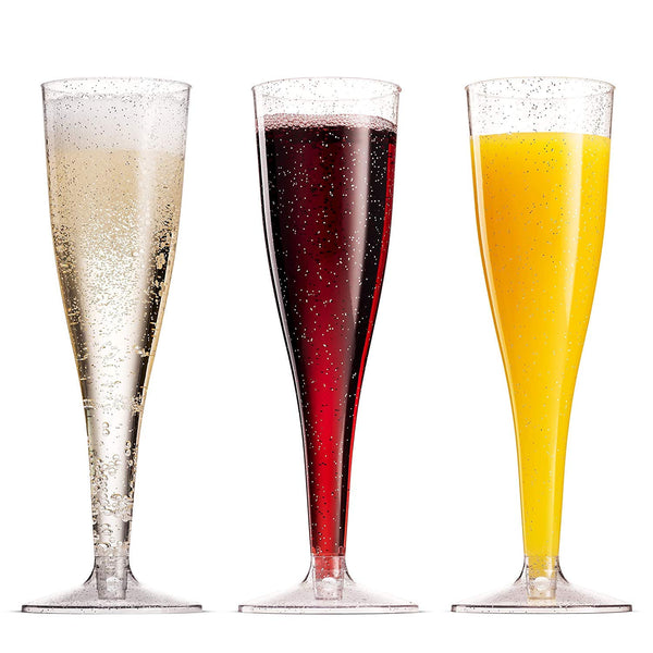 Plastic Champagne Glasses with Silver Glitter, 50-Pack Disposable or Reusable Large Champagne Flutes, 7 oz