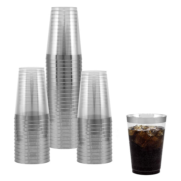 25 Guest Disposable Silver Rimmed Dinnerware Set | Heavy Duty Plastic Plates, Cups & Silverware. | 50 Forks, 25 Spoons, 25 Knives, 25 Dinner Plates, 25 Dessert Plates & 25 Cups (175 pieces) Silver