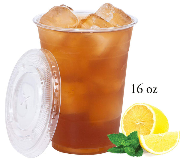 100 Smoothie Cups with Flat Lids | 16 oz. Disposable Plastic Tumblers for Iced Coffee, Boba Tea, Cold Juices, and To Go Drinks by BloominGoods