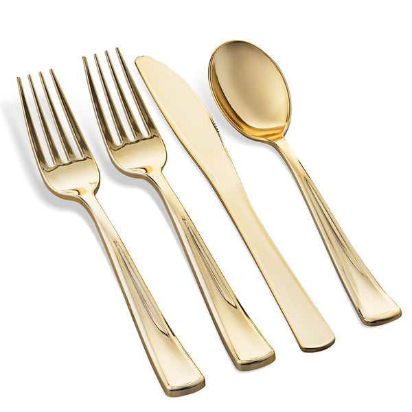 25 Guest Disposable Gold Dinnerware Set | Heavy Duty Plastic Plates, Cups, Silverware & Napkins. 50 Forks, 25 Spoons, 25 Knives, 25 Dinner Plates, 25 Dessert Plates & 25 Cups | Bonus 50 Guest Towels